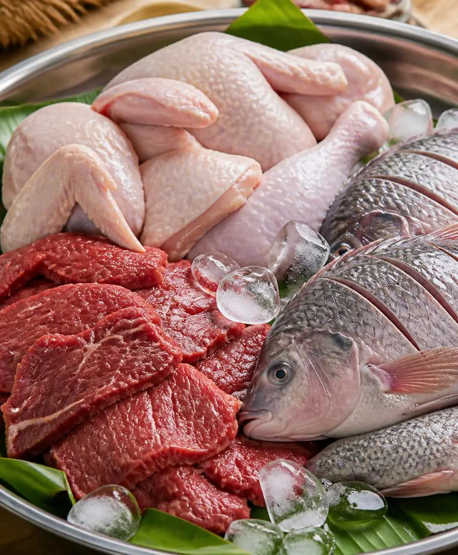 Ayam broiler, ayam potong, ikan segar, daging sapi, dan telur