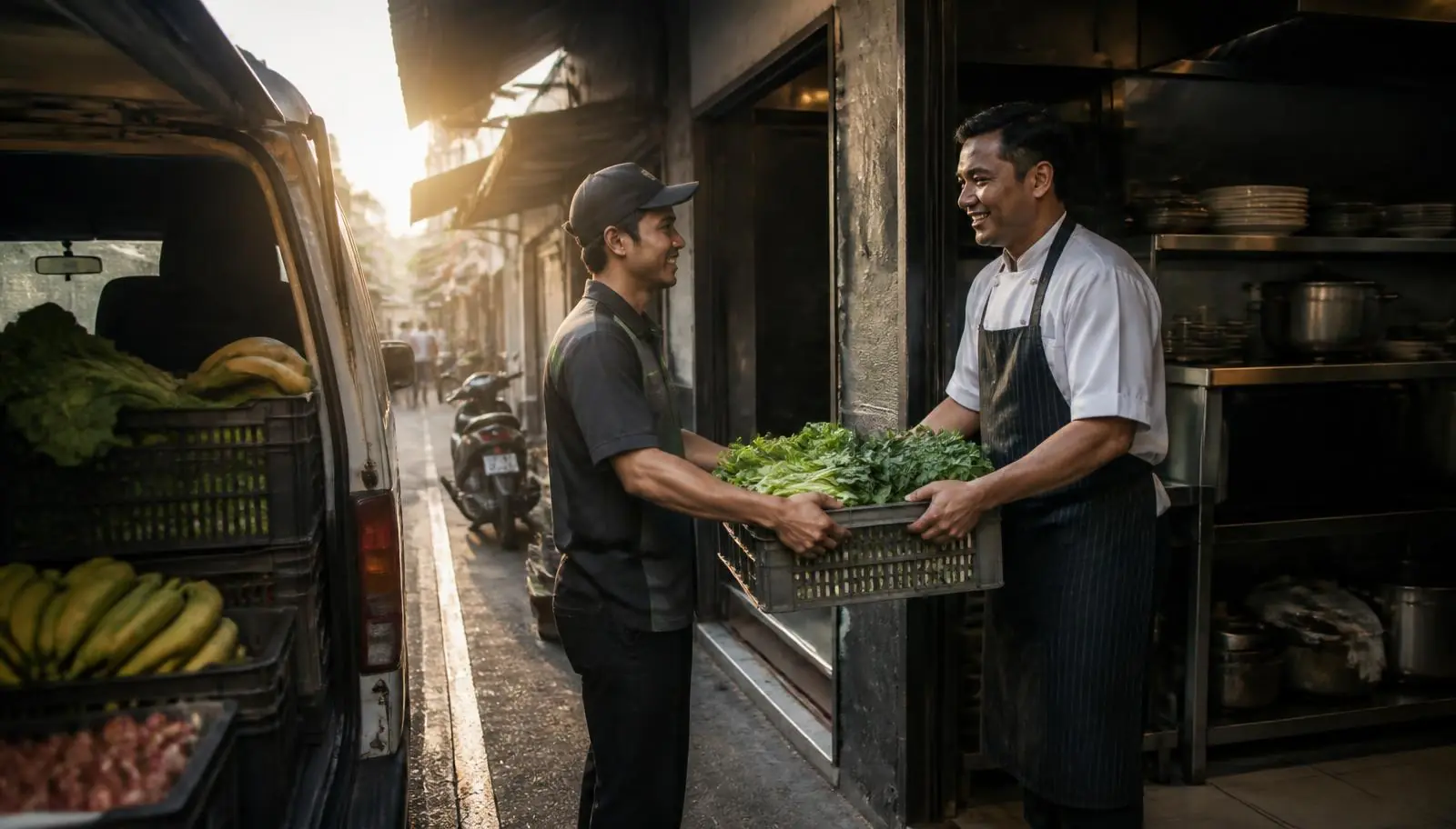Pengiriman bahan segar diterima oleh chef di depan kafe